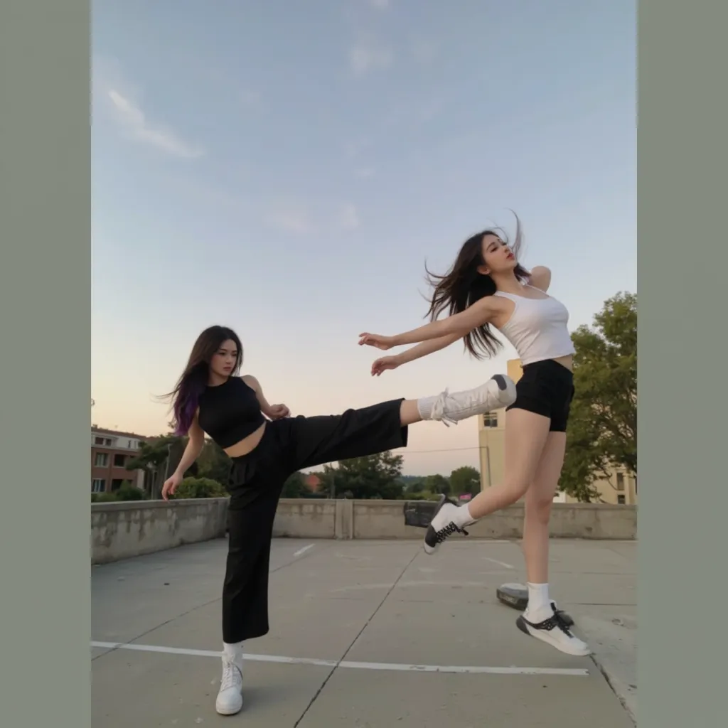 A stunning Asian idol with long black hair and vibrant purple tips poses in an epic action shot with her friend on a rooftop parking lot at dusk. The idol wears stylish black wide-leg pants and a white crop top, exuding confidence and strength. She deliver...