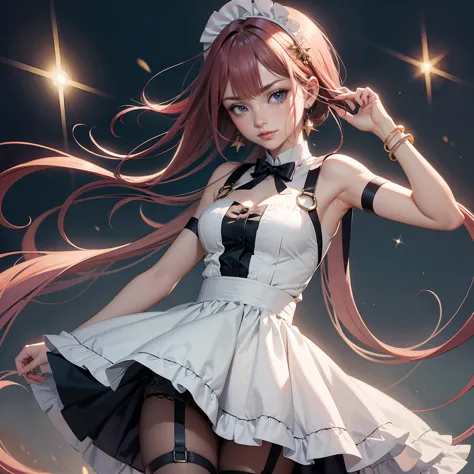 1girl, red hair, harness, dress, solo, ponytail, ahoge, armpits, bare shoulders, glow eyes, harness, maid dress with bare shoulder, chest sarashi, collarbone, garter on the legs, cowboy shot, stomach, strapless, white apron, maid dress, maid, streaked hair...