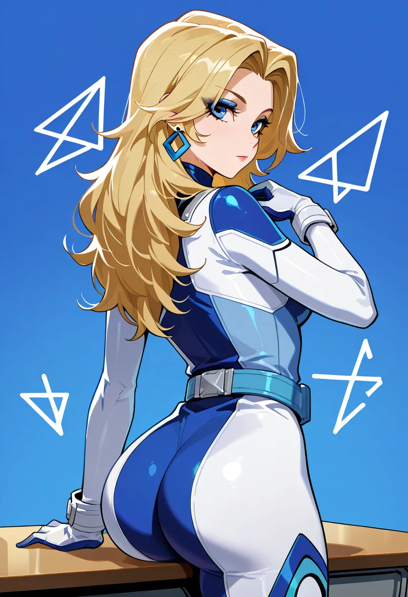  invisible woman _opponents, ,, blue eyes, bodysuit, wide hips , , , blonde hair, long hair, eyeliner, blue eyes,  earrings, bodysuit, white and blue clothes,  glove belt,  belt, blue details, geometric shapes, on the chest, the number 4, he stands on the ...