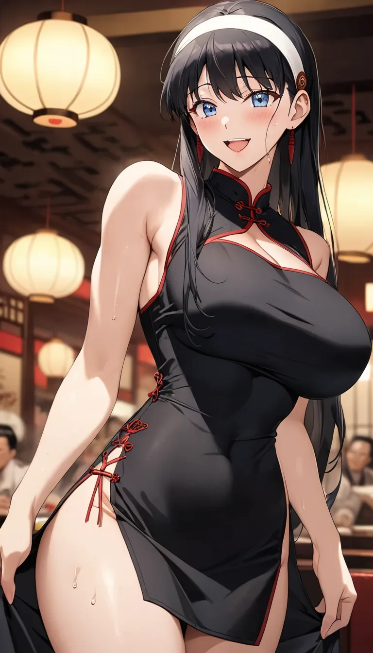  masterpiece, top quality, high image quality,16k,Official Art,super  Thorough skin, Thorough,  animated images for animations , (your Briar:1.3),1990s \( style\),(black china dress :1.3)、(beautiful F cup breasts)、Big Breasts, done, cleavage, (is tall:1.2)...