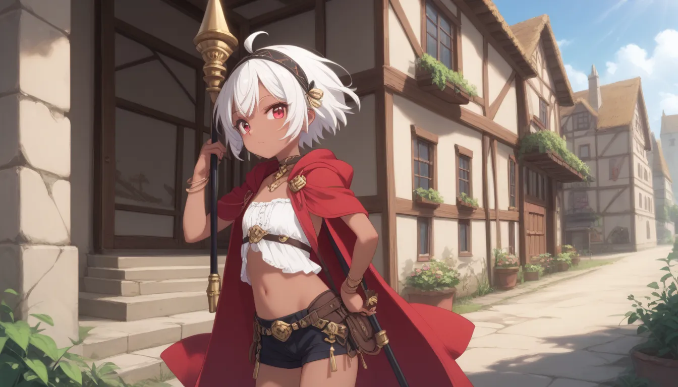 {best quality}, {very aesthetic}, {ultra-detailed}, {best illustration} masterpiece, best quality, amazing quality, myne, white hair, dark skin, dark-skinned female, short hair, red eyes, 1girl, solo, navel, jewelry, bracelet, holding, midriff, weapon, pol...