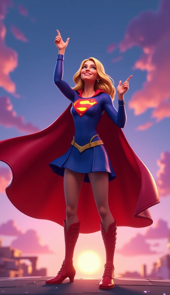 An image in the characteristic visual style of Fortnite,  with a vibrant aesthetic , colorful and slightly cartoonish. The scene features Supergirl in the spotlight, placed against a background of a stylized evening sky full of personality. She is at the c...