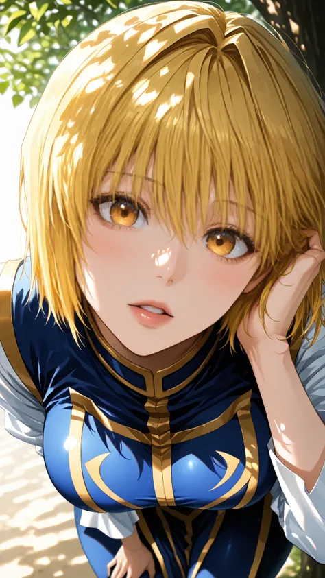 masterpiece, best quality, amazing quality, very aesthetic, high resolution, ultra-detailed, absurdres, newest, 1woman, solo, Kurapika, (kurapika costumes),blue tabard, breasts, sagyy breasts, large ass, thick thighs, head tilt, leaning forward, looking at...