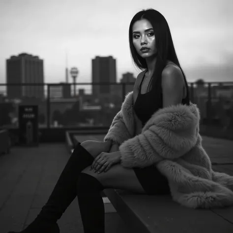 Create a professional black and white photographic shot of a beautiful woman with long, straight, dark brown hair flowing naturally. She has delicate facial features, with expressive eyes, a straight nose, and full lips. Her skin is fair, glowing under the...