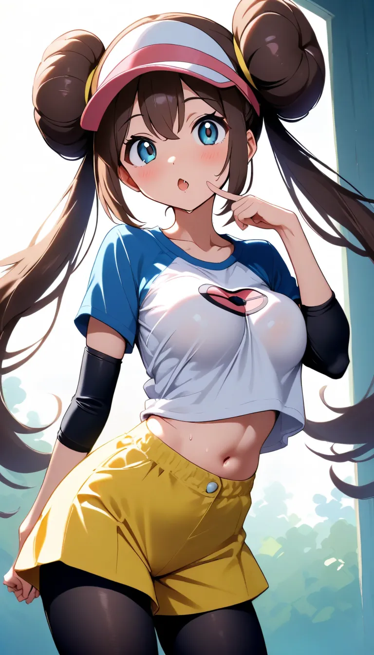 1girl, nsfw, 12yo, slender waist, oily skin, medium large breasts, breast press, tented shirt, Waist line, midriff, zettai ryouiki,, rosa, (pokemon), aquablue eyes, dark brown hair, long twintails with sidelocks, double bun topknot, sun visor, collarbone, ...