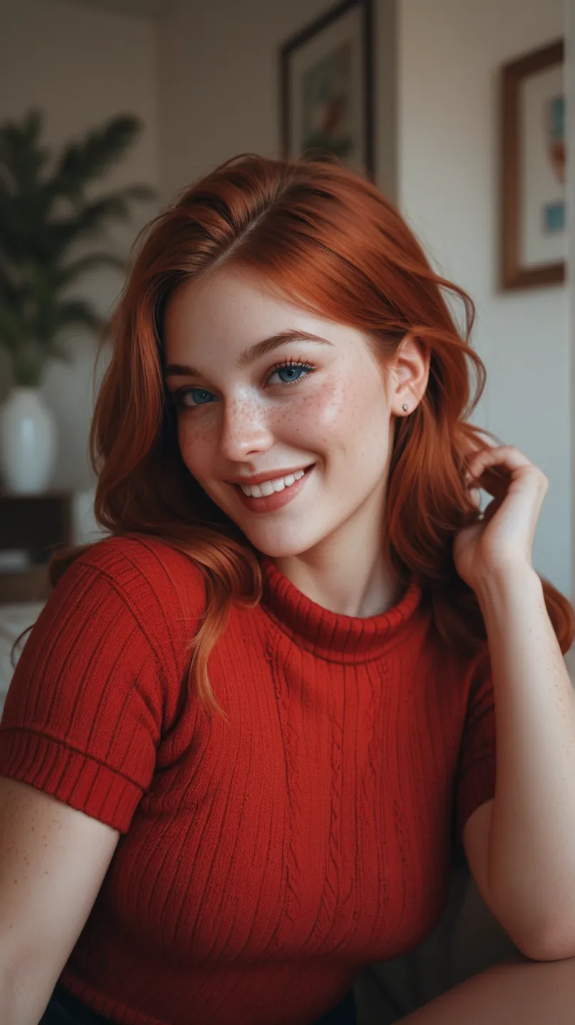  Redheaded Woman,  blue eyes, freckles, red sweater,  seductive and gentle smile , simple bottom