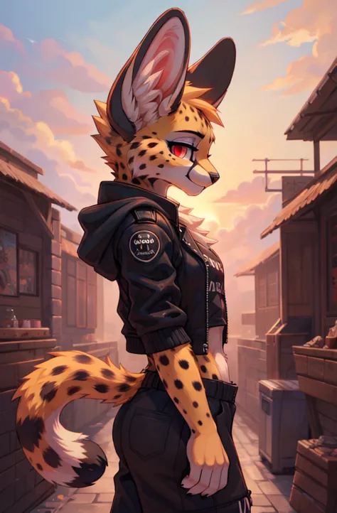 Cat, furry serval, female, side view, confident battle ready look, young looking, tomboy, wearing a white tanktop, black sweats, black cross, black punk jacket, looking ahead, red eyes, illustration, masterpiece, ultra-detailed, Impressionistic:colorful, a...