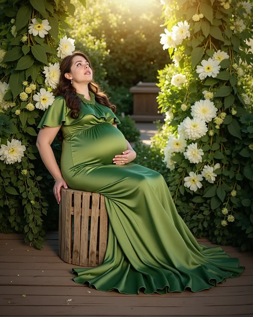 pregnant woman in green dress sitting on wooden crate in garden, a picture inspired by Pierre Auguste Cot, pixabay, baroque, maternal photography 4 k, full body green dress, green dress, gown, pregnant belly, green robe, stunning elegant pose, satin, mater...