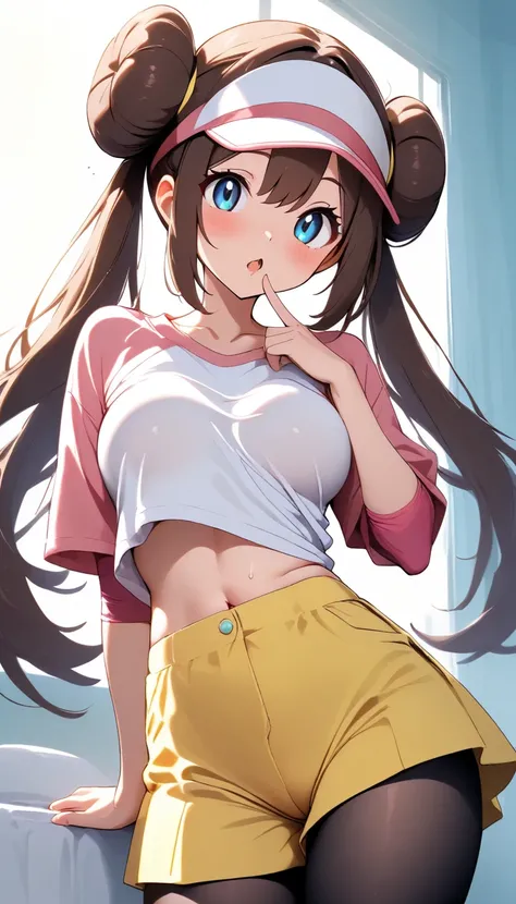 1girl, nsfw, 18yo, slender waist, oily skin, medium large breasts, breast press, tented shirt, Waist line, midriff, zettai ryouiki,, rosa, (pokemon), aquablue eyes, dark brown hair, long twintails with sidelocks, double bun topknot, sun visor, collarbone, ...