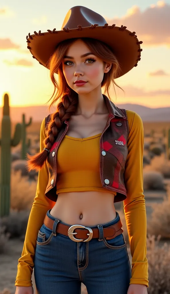 	A realistic reimagination of Woody as a stunning and confident woman. She has light tan skin, bright hazel eyes, and long wavy auburn hair tied in a loose braid. She wears a tight-fitting yellow long-sleeve crop top with red plaid patterns, paired with fo...