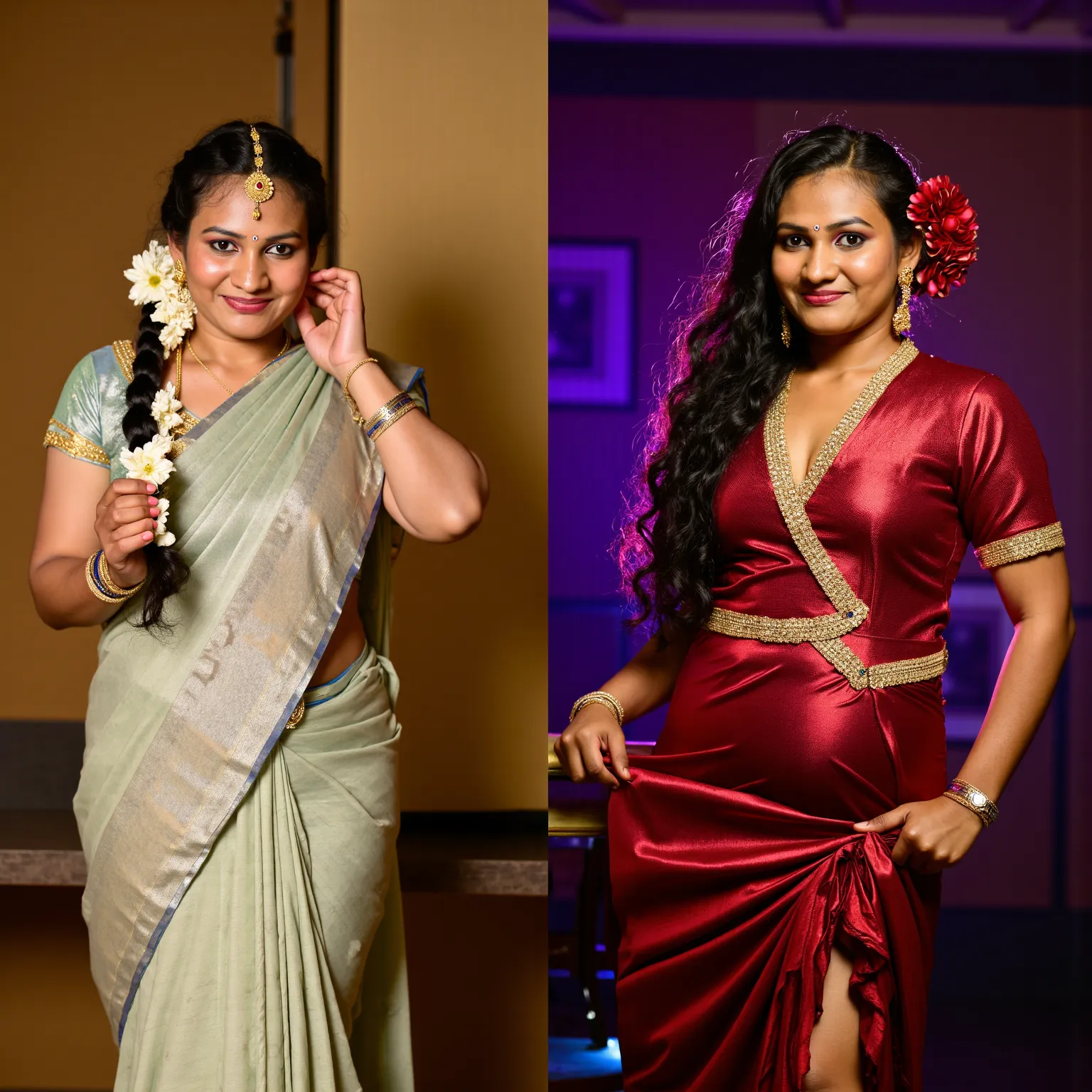 A breathtaking Tamil woman with a curvy hourglass figure is captured in a split-screen composition, embodying two distinct yet mesmerizing personas. On the left, she stands in the soft glow of her home, draped in a pastel cotton saree, its delicate folds t...