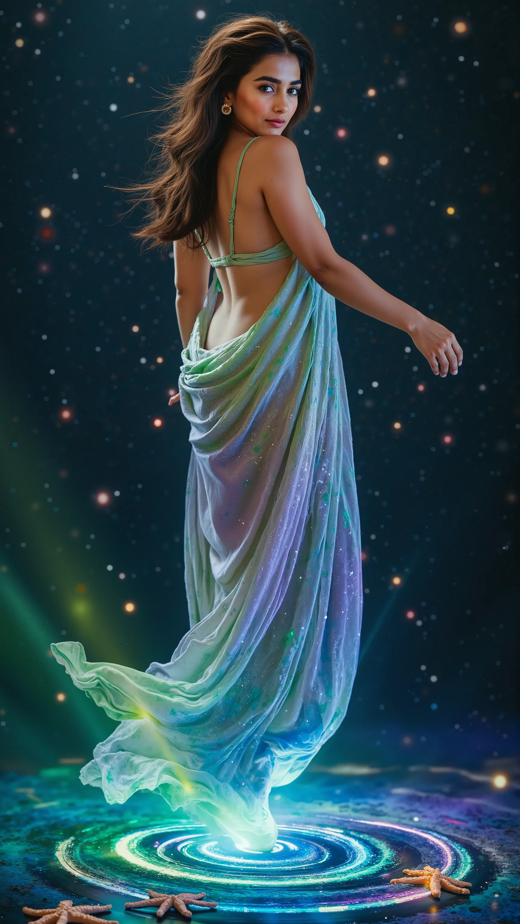 A mesmerizing woman floats weightlessly above an ocean of stars, draped in flowing silk that glows like the Northern Lights, shifting between ethereal greens, purples, and blues. Her delicate movements send ripples of color cascading through the void, as i...