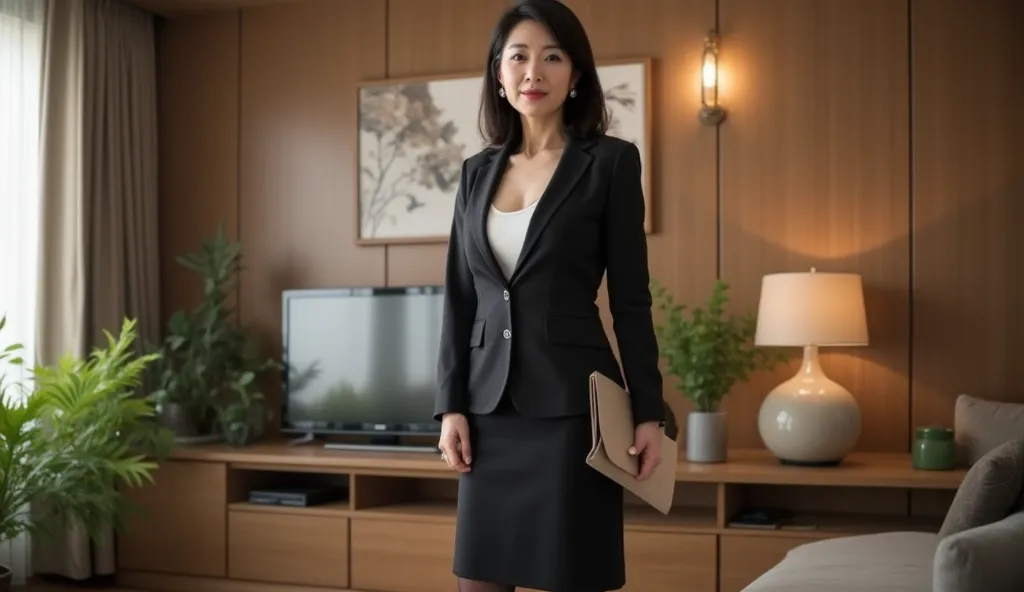 solo, Japanese mature woman, age 65, shoulder-length sleek black hair, warm brown eyes, soft facial wrinkles, well-maintained figure, elegant yet curvy body, fair smooth skin with subtle signs of aging, full natural lips, wearing a well-tailored black busi...