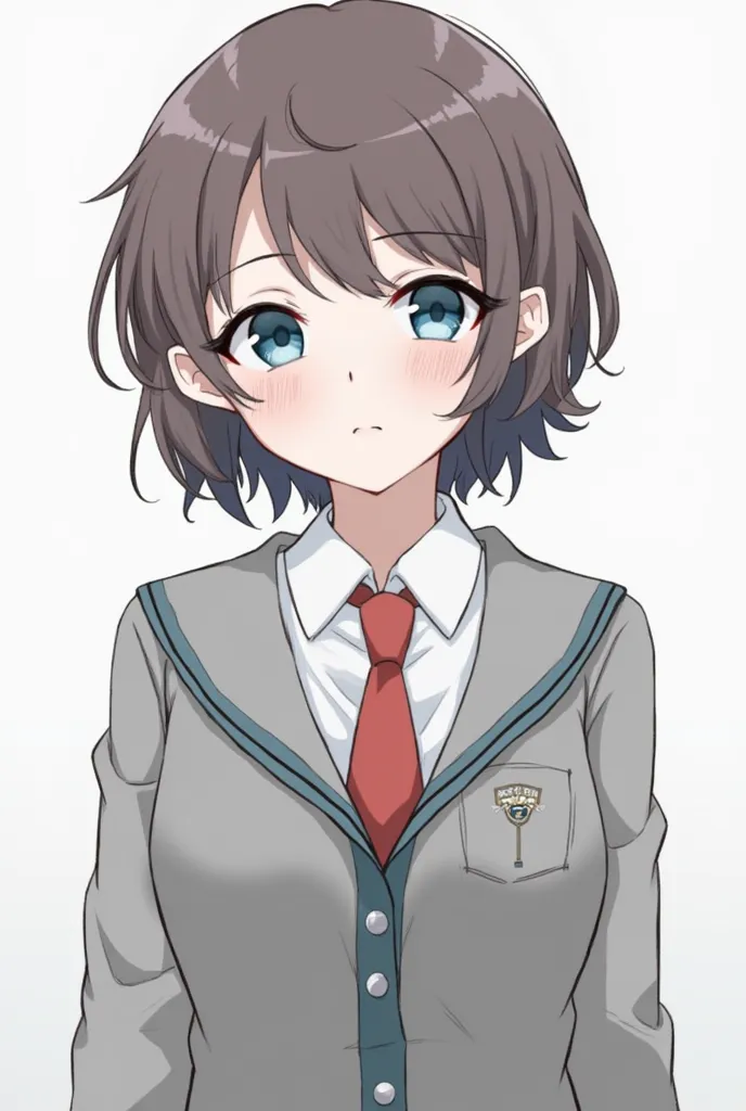 A girl with short wavy hair, pointed ears like a butterfly cut, serious blue eyes with lenses, wearing a uniform of a buttoned white shirt with a long sleeve, a gray jacket with blue-green stripes and a red tie. 