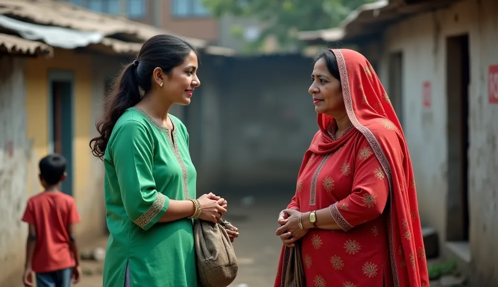  "A 30-year-old woman, dressed in a green kurta, representing a clean and affluent lifestyle, is conversing with Sahibe Alam's mother, a 35-year-old woman in a red sari. The writer looks well-groomed, with her clothes neatly ironed, standing confidently, w...