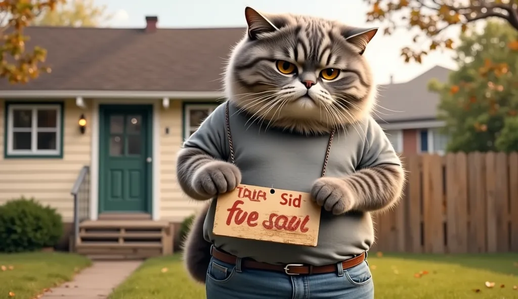 A gray male cat wearing a gray t-shirt and jeans hanging a "For Sale" sign on a small house, looking distressed but determined.