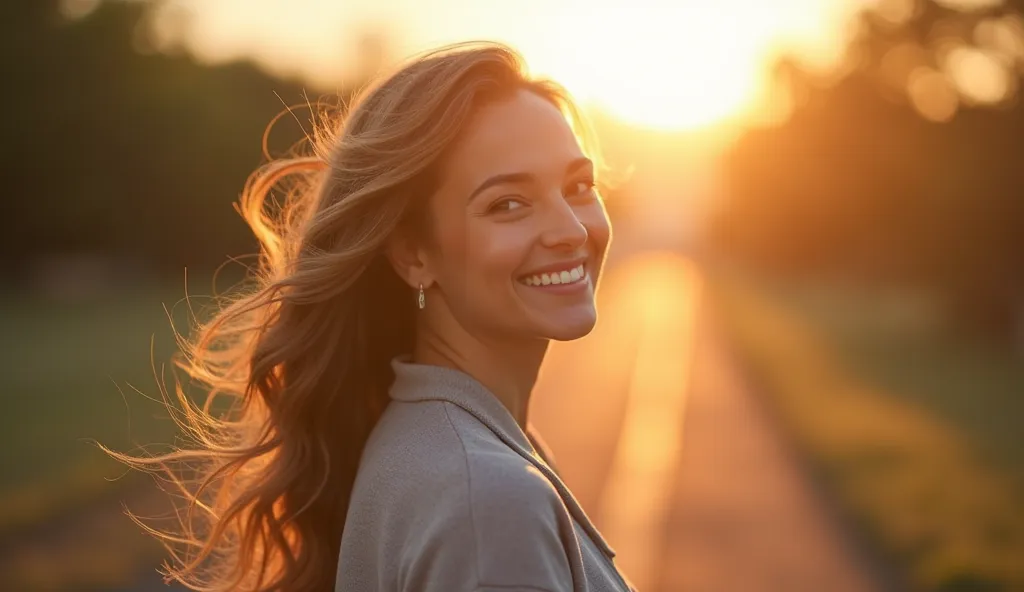 "An inspirational and motivational image, showing a woman smiling and looking forward with confidence, symbolizing overcoming and a new beginning. In the background, a soft and welcoming light creates an atmosphere of hope and transformation. Small subtle ...