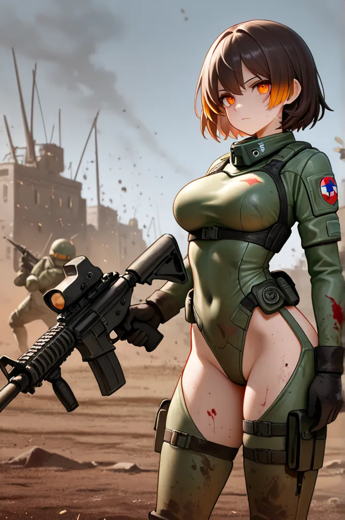 Ultra HD, masterpiece, score_1.4, perfect image, battlefield,  super detailed eyes, beautiful eyes, vibrant eyes, girl soldier, with an M4A1 gun in his hand, sexy war suit, green uniform, Waist, breasts almost exposed, short hair,  orange eyes, Long FRINGE...