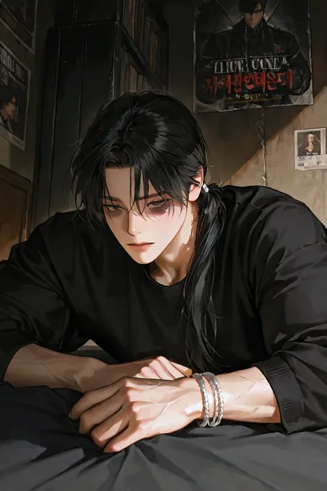 middle-aged male, handsome, Lying,  1 man with a gun, dark circles under eyes, long hair, MALE FOCUS, handsome man, Thick painted ,  Korean Comic Style ,  semi-realistic art  ,  semi-realistic art  style, expressive brushwork, Vibrant Brushstrokes,  Impres...