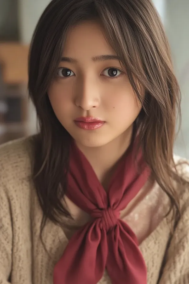 Mikasa, 19 year old young woman, Best quality, High resolution, Short hair, Black eyes, see viewer, brown sweater, wearing red scarf , Highest quality, high resolution