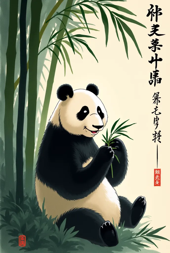 ink painting, the panda is eating bamboo on bamboo,detailed ink brush painting of a panda bear sitting on bamboo stalks and eating bamboo leaves, realistic animal portrait, realistic bamboo forest background, intricate brushwork, rich ink tones, high contr...