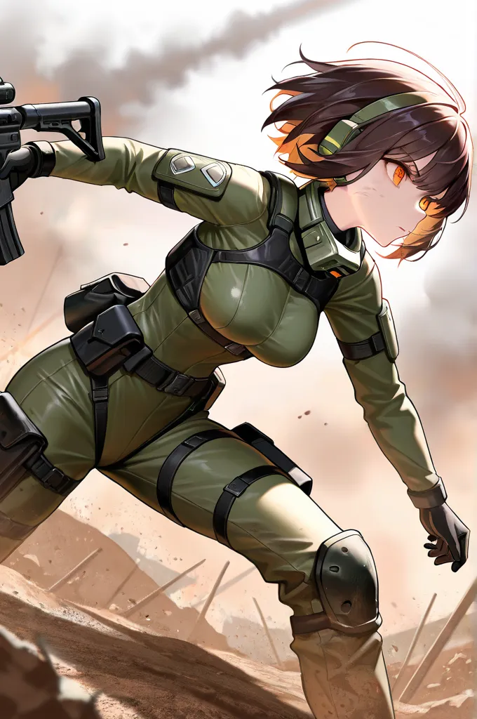 Ultra HD, masterpiece, score_1.4, perfect image, battlefield,  super detailed eyes, beautiful eyes, vibrant eyes, girl soldier, with an M4A1 gun in his hand, sexy war suit, green uniform, Waist, breasts almost exposed, short hair,  orange eyes, Long FRINGE...