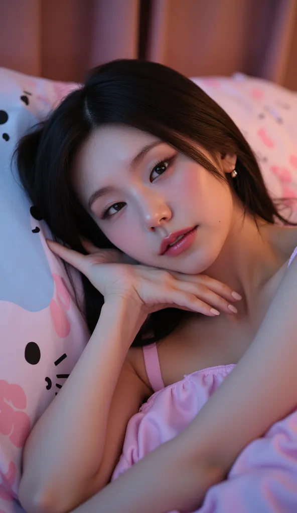 A beautiful Korean girl with a plump body and big breasts, wearing a thin dark white singlet nightgown, sleeping on her side on a bed in a Hello Kitty-themed room with a dim atmosphere, (best quality,4k,8k,highres,masterpiece:1.2),ultra-detailed,(realistic...