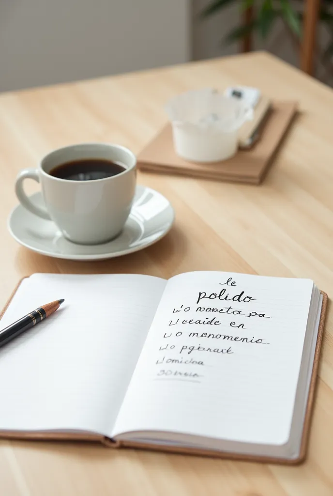 Still image of an open notepad on a light wooden table. In the block, there is a handwritten list with positive habits, using organized and legible handwriting in the Portuguese language. next to, a cup of hot coffee in a simple ceramic mug, with visible v...