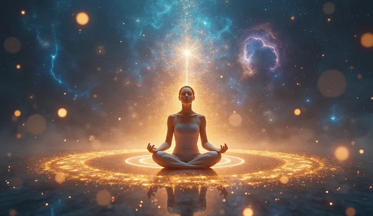 **4K Ultra HD Cinematic Image Prompt:**  

*"A powerful and visually striking depiction of a human aura and vibrational frequency. A person sits in deep meditation at the center, eyes closed, radiating an intense, glowing energy field around them. The aura...