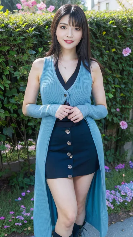 masterpiece, best quality, Rinoa　cosplay， black hair, long hair, dark eyes, necklaces, light blue long cardigan, Chest, black shirt, sleeveless, blue skirt, Arm ribbon, arm warmers, smile,  red lipstick，slender body， soft big breasts，Xiaoyan，Japanese woman...