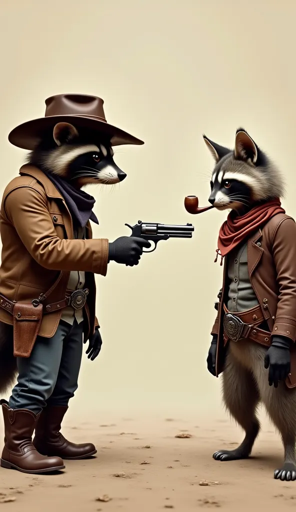 racoon with boots, jackets, cowboy hat and wearing hankercheifs in their neck aiming a pistol to a brave tall cat who is wearing boots, jacket, cowboy hat and smoking a pipe