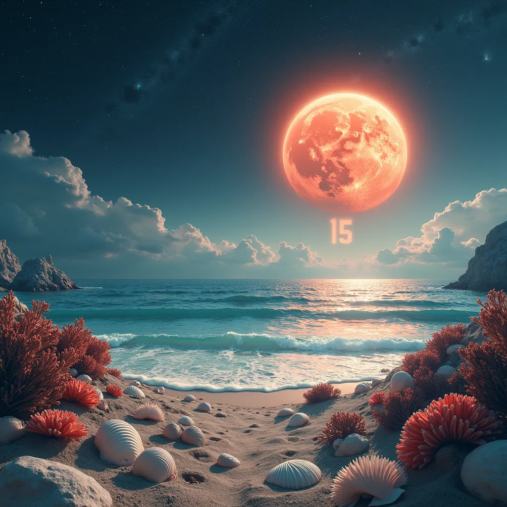 beach,have shells,corals,ดวงดาวเต็มsky,sky,Mars emerges from the left side with a scorching fire,There is a large number 15 in the center of the seascape.,4K