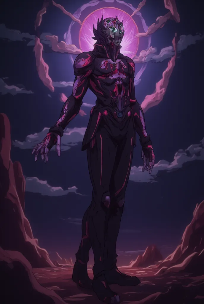 A humanoid Stand with an alien-like form, blending the cosmic elegance of Alien X with the chromatic brilliance of Chromastone. Its body is sleek and shadowy, resembling a dark cosmic void filled with shimmering star-like specks. Glowing, iridescent red an...