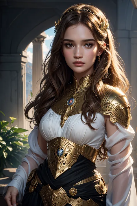 3D portrait Lily James, wearing Athena with shield transparent sexy costume, in the background the Acropolis, 9 9 9 9 s, curly hair, intricate, elegant, highly detailed, digital painting, artstation, concept art, smooth, sharp focus, illustration, art by t...