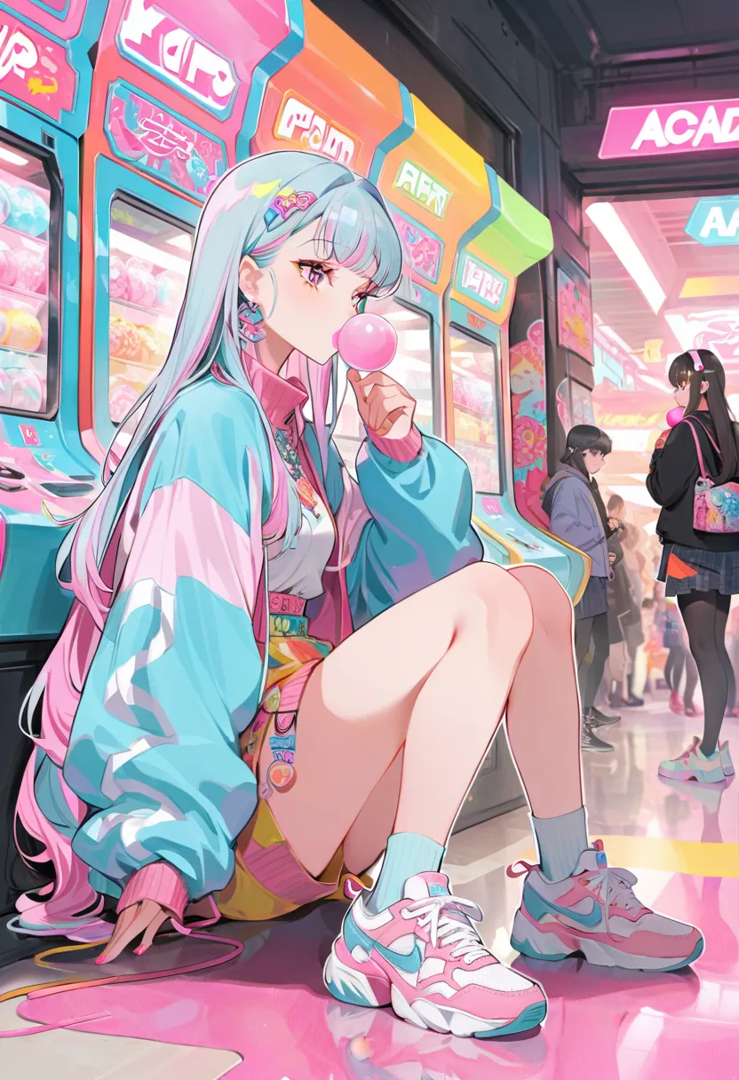 1 girl,  Eat Bubble Gum,  multicolor hair,  shoulder-length hair , Retro Outfits , sneakers, Sideways glance, sitting, Hyper Pop, In the arcade,  retro vibe,  OUTLINE , masterpiece, best quality, 