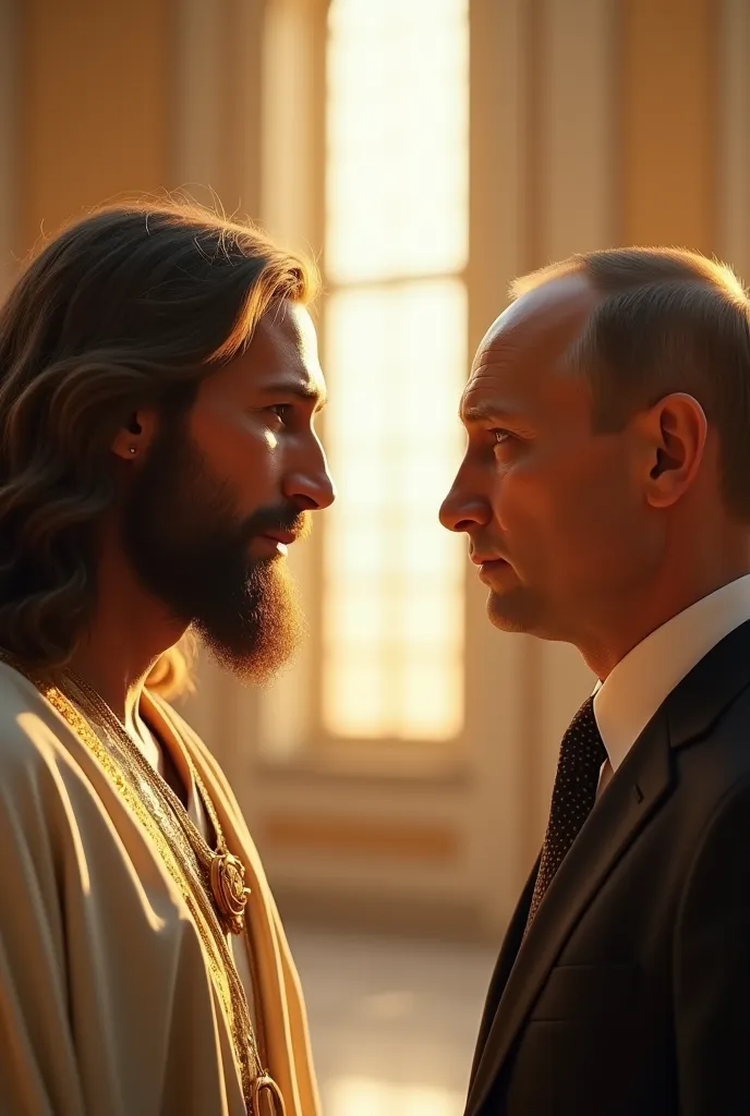 A modelo está usando óculos de sol de vidro com estrelas e a lua no vidroA highly detailed, photorealistic image of Jesus Christ standing face-to-face with Russian President Vladimir Putin. Jesus has a peaceful yet firm expression, wearing a flowing white ...