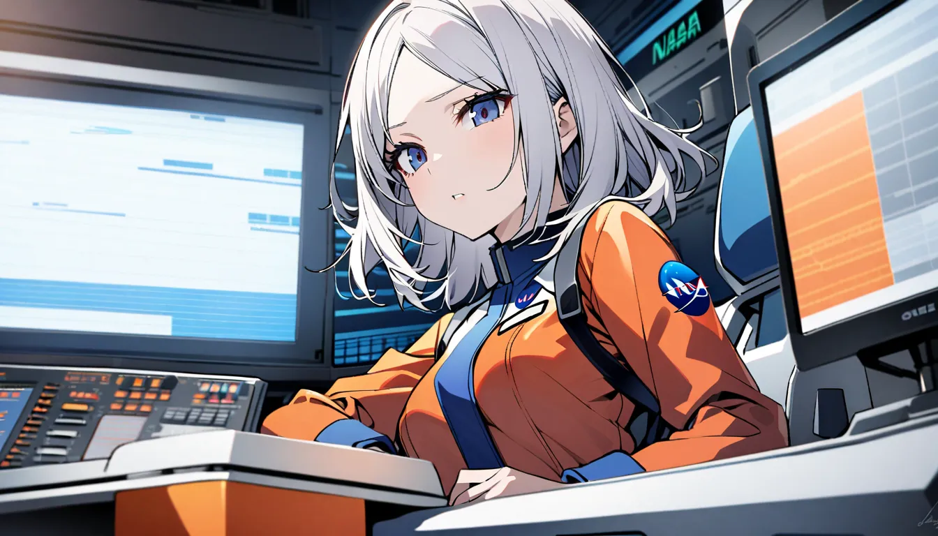 Female NASA employee, blue pilot uniform, long silver hair with red mesh, parted bangs, narrow eyes, long eyelashes, control room,