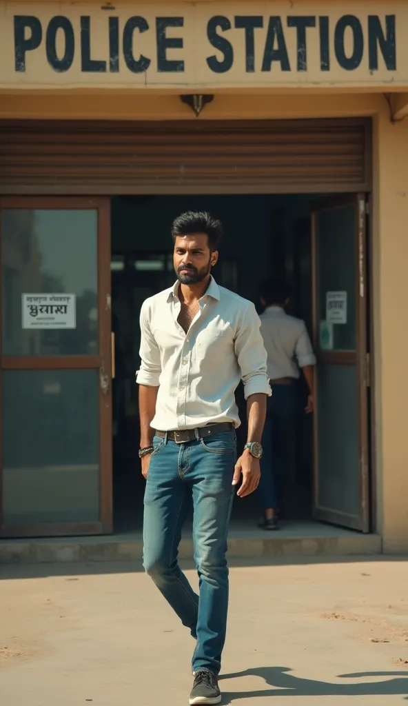 **A bright, crisp daytime wide-angle side shot taken from outside a typical Indian police station, showing a handsome 28-year-old Indian man walking towards  the station's main door. He is dressed in casual attire--a fitted button-up shirt with the sleeves...