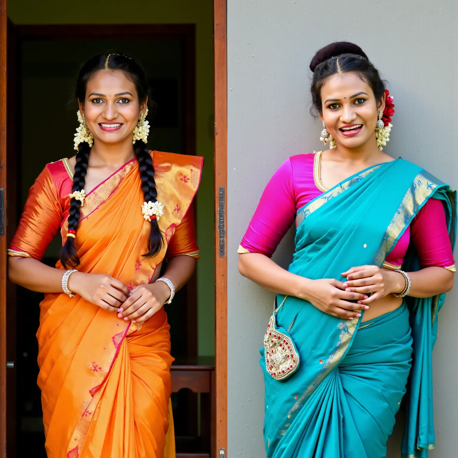 A stunning Tamil woman with a mesmerizing hourglass figure is captured in a powerful split-screen transformation, illustrating her journey from a modest, homely presence to an irresistibly bold and confident allure. On the left, titled “Before”, she stands...