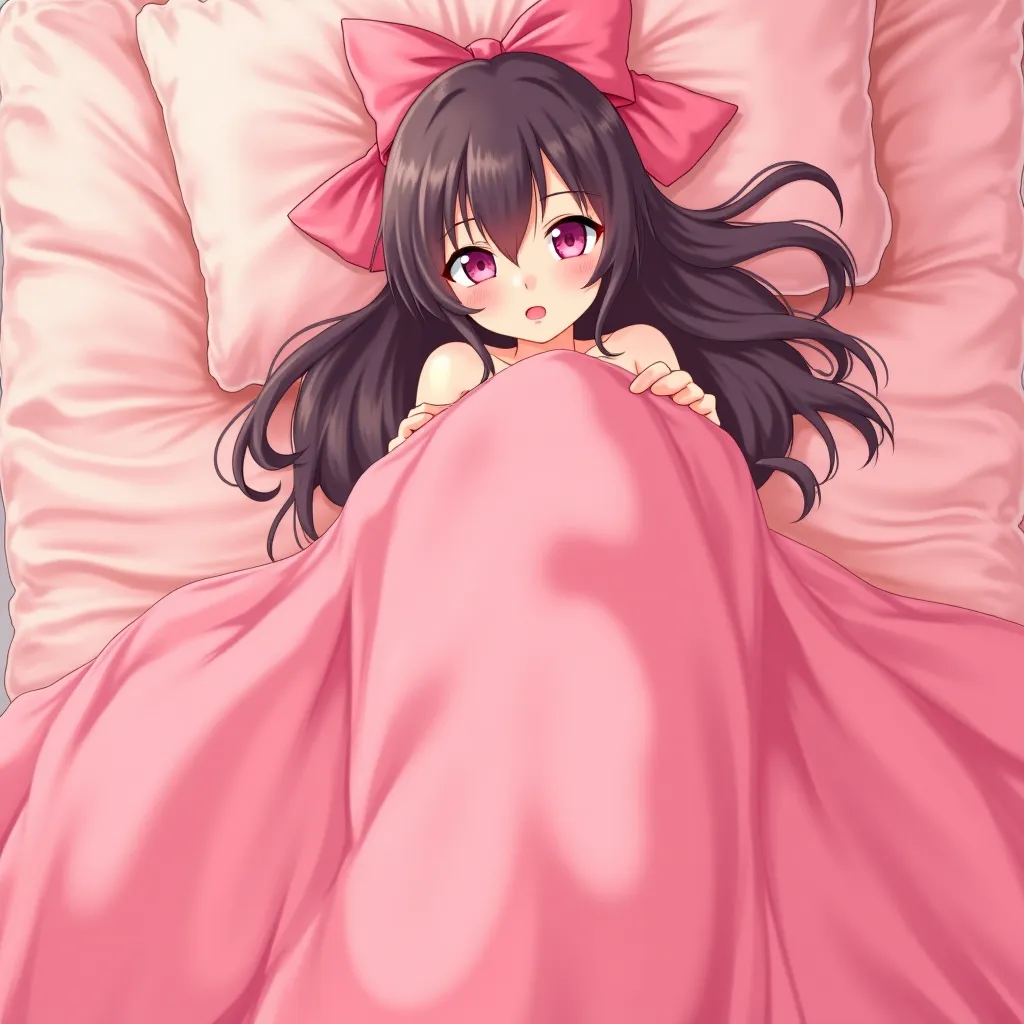 Hot anime girl, ,  lies on the bed in a sexy position ,  completely covered by a Pink blanket ,  her head and body under a warm blanket,  long hair stick out of the blanket ,  soft bed , naked,  a large bow on her head , full length photo from above,  girl...