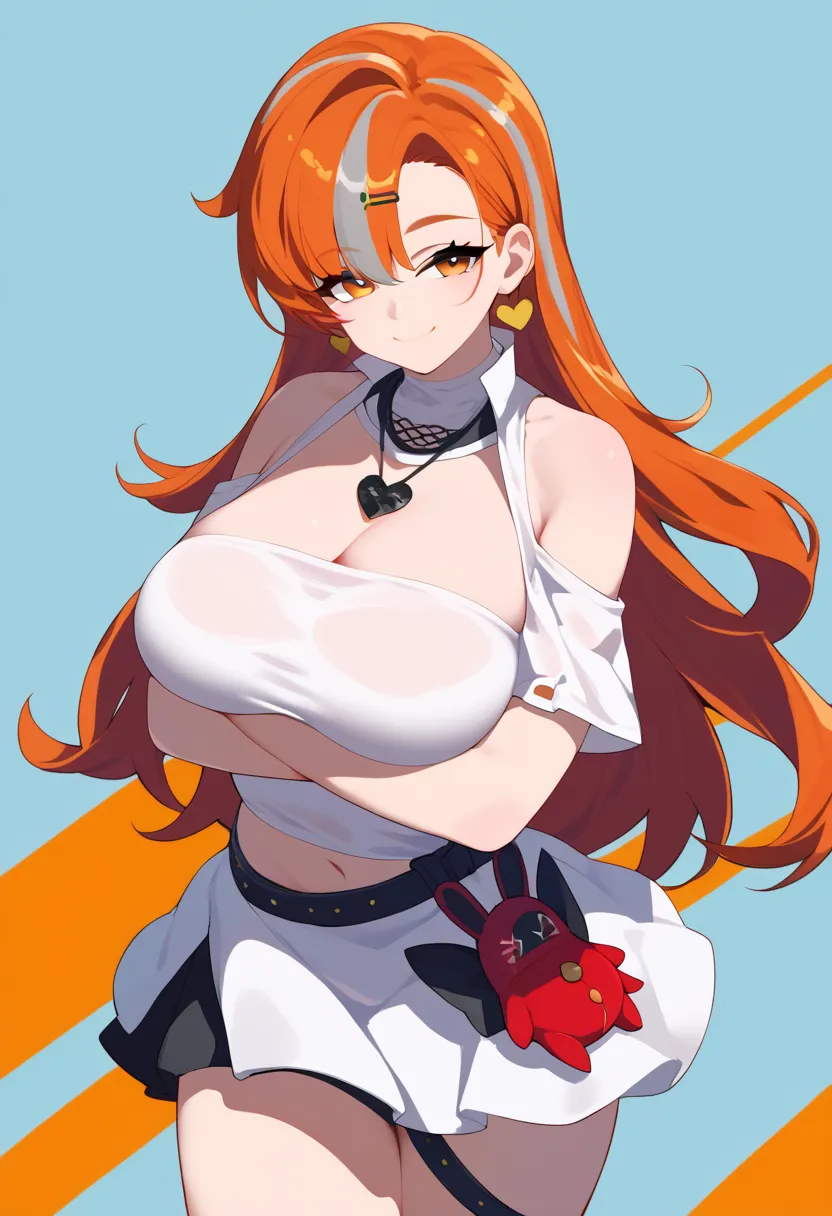 score_9, score_8_up, score_7_up, source_anime, ((masterpiece)),((Highest quality)),High resolution,Perfect lighting,dusty(coming), One woman, chest, alone, Orange eyes, View your viewers, Exposing shoulders,White Dress,大きなchest, Redhead, Striped Hair, Gray...