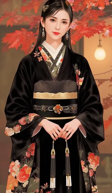 ar311. A memorizing ink-brush painting portrait of an asian woman in a black kimono adorned by the elegant embroidery , standing in a room of a traditional Japanese garden. In dramatic sunset.