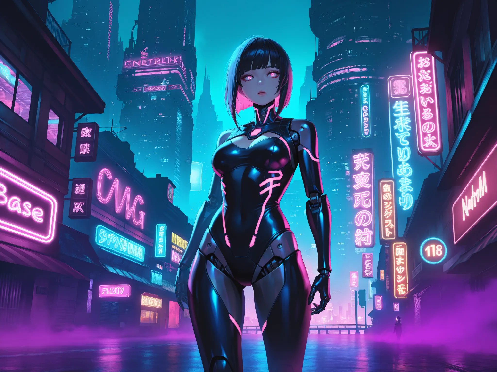 masterpiece, best quality, amazing quality, very aesthetic, 1girl, robot girl, detailed futuristic cityscape, intricate architecture, neon lights, glowing cyberpunk atmosphere, volumetric fog, cinematic lighting, vibrant color palette, dramatic shadows, ph...