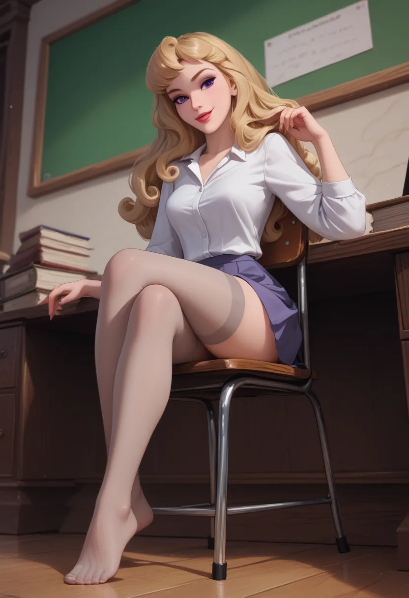 Full body view lower angle portrait, BREAK Aurora,1girl, porcelain doll, solo, blonde hair, blue-purple eyes, naughty face, small-medium beautiful feet, loose hair, (Aurora wearing as a sexy teacher, sitting on a chair behind of a desk, crosslegs, no shoes...