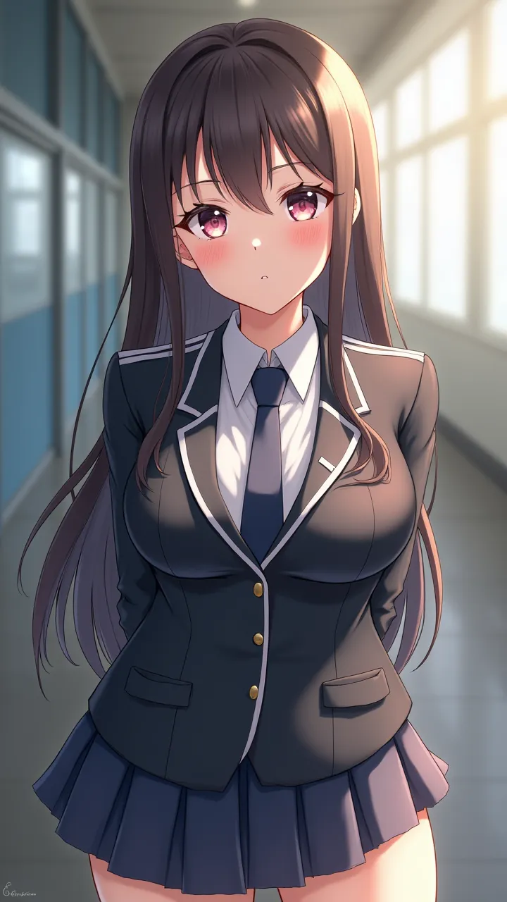 A young girl in uniform where her breasts look very good showing a little more than usual in anime with movements 