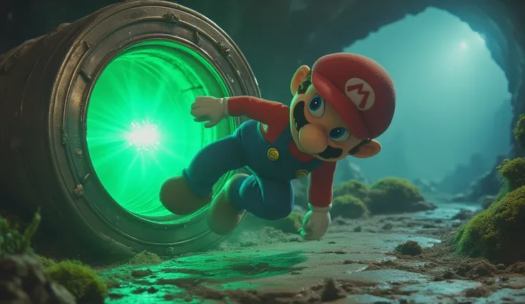 Ultra-realistic, cinematic scene captured in Super Panavision 70mm. Mario, a plumber with an iconic mustache, jumps into a glowing green pipe, his body partially tilted as he is sucked into the teleporter. His classic costume – a blue jumpsuit made of stur...