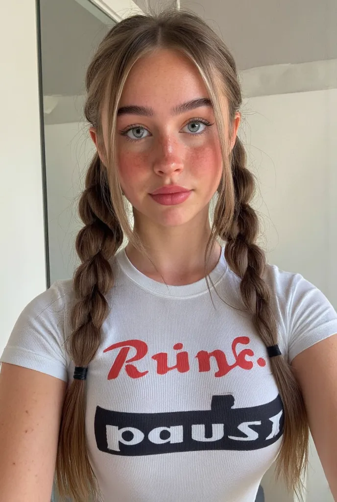 Ultra-realistic extremely high definition 8K RAW analog epic portrait photograph, (flash photography:1.1), young brown haired sexy girl, with pigtails on both sides, green eyes, amateur photo, looking on camera, taken in 2 0 2 4, Retrato Sophie Mudd, dynam...