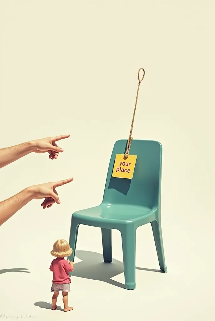 A plastic chair with a sign attached to the chair that reads:  YOUR PLACE . Being pointed at by fingers