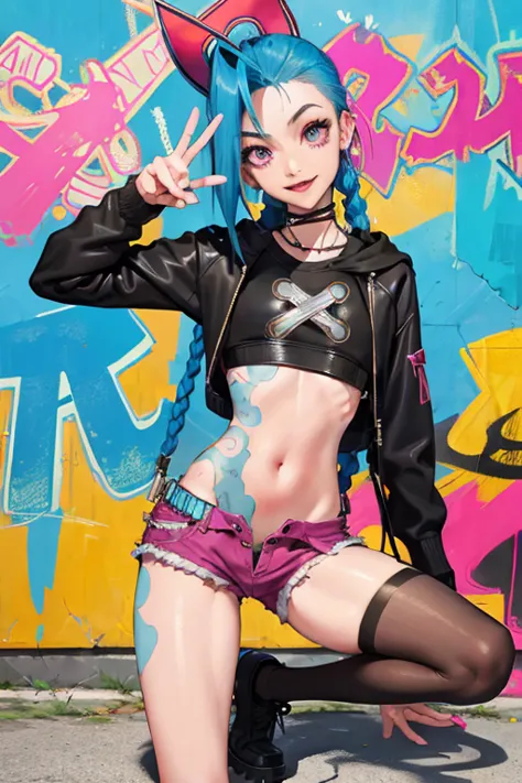 Jinx,Fleshy thighs，Poster publicity style，Ingram,Pose，Ultra shorts，Simetall，Street graffiti，Happy expression