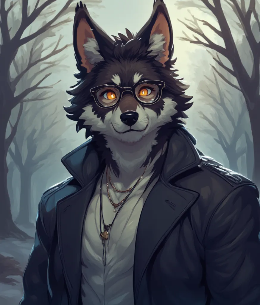 Hunky, lupine male in a jacket with glasses